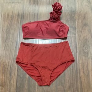 Red One Shoulder Asymmetrical Ruffle Flower Bikini Swim